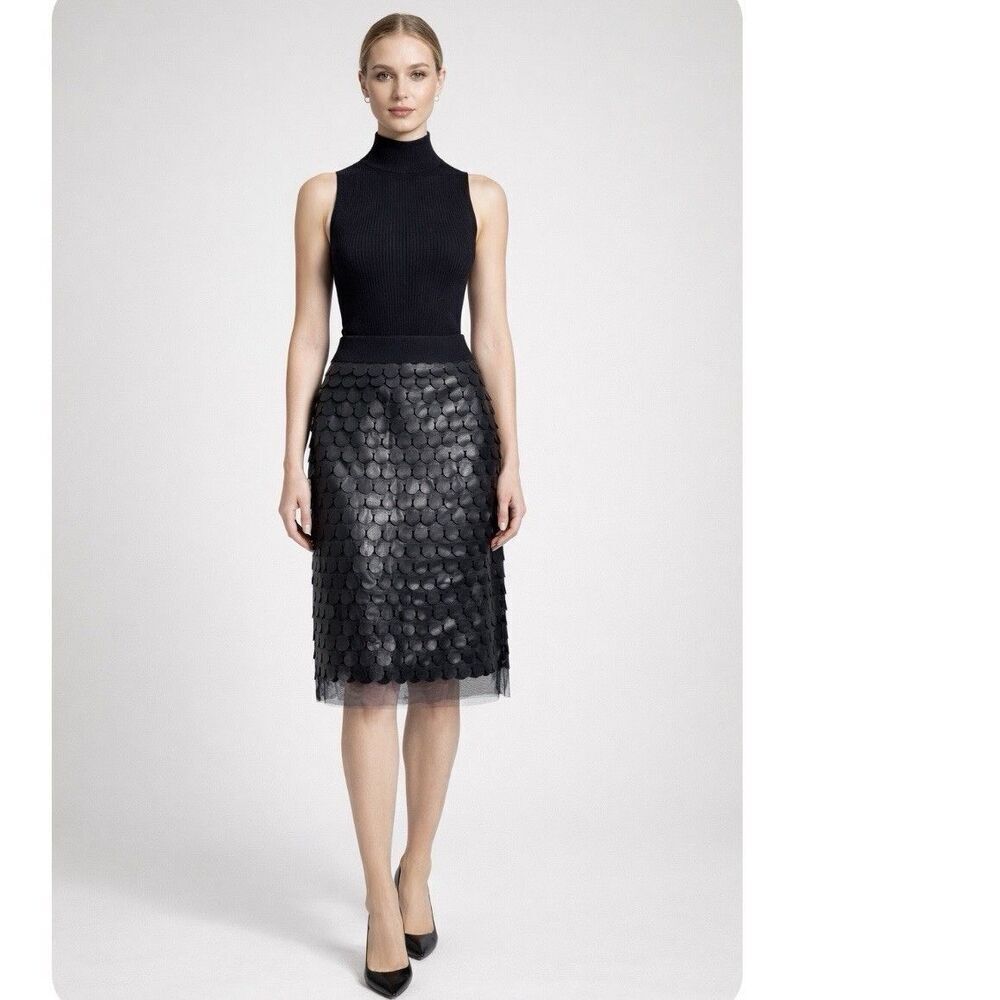 Milly Goat Leather Black Mesh Straight Knee Length Skirt Size 4 Designer Preppy